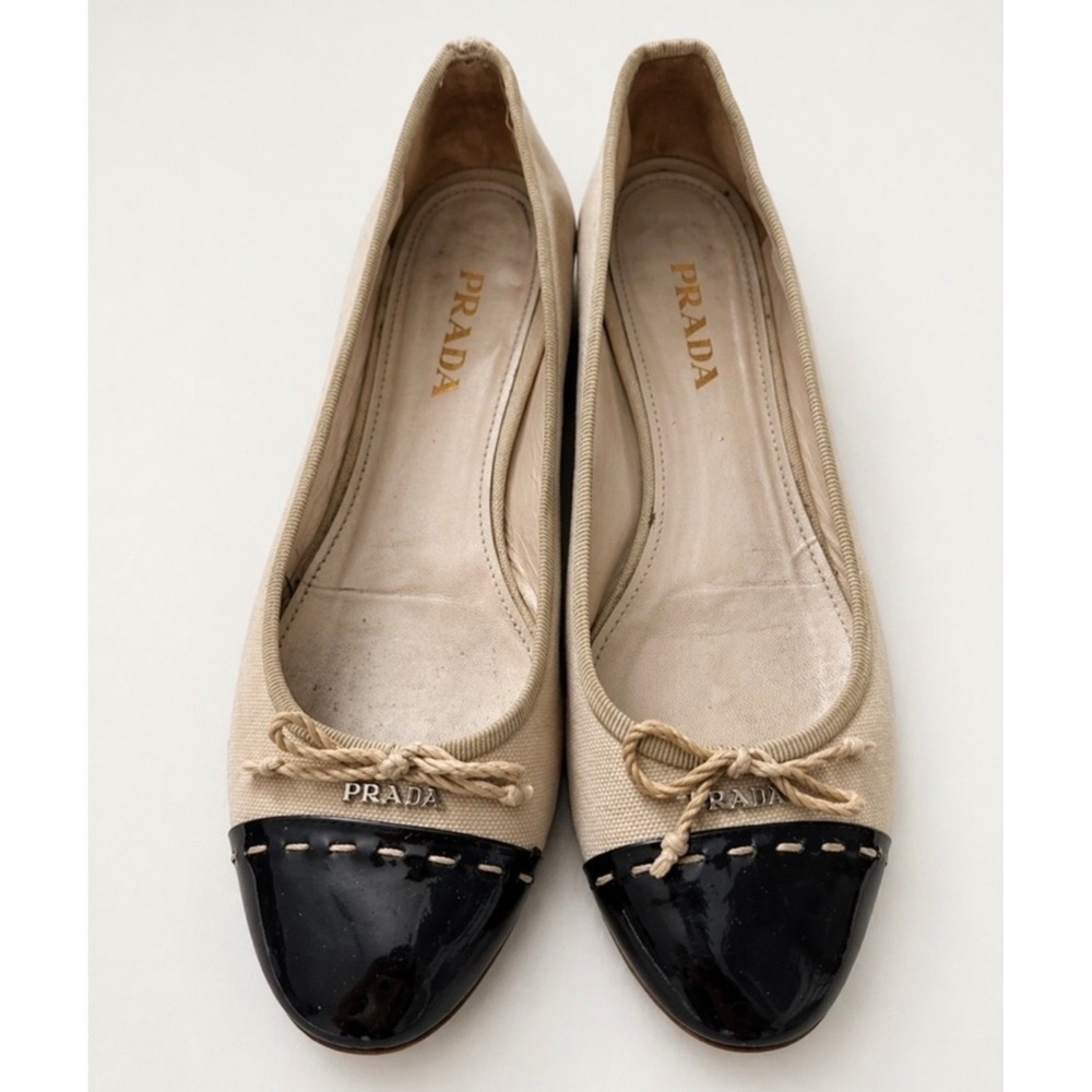 Prada Women Canvas Patent Leather Cap Toe Ballet Flats Beige Black Sz 8.5
